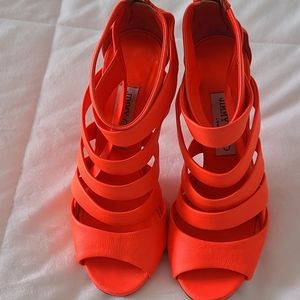 GUC! Jimmy Choo "Damsen" Caged Gladiator Nappa Leather Heels in "Neon Flame"!